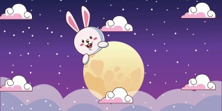 中秋动画与兔子和满月在云