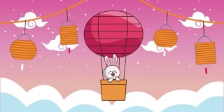 中秋动画用兔子在气球里热气和灯吊着