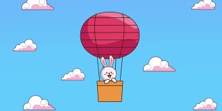 中秋动画与兔子在气球热空气和云