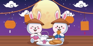 中秋动画与兔子在晚上喝茶吃饼干