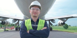 亚洲人工程师维护飞机持白色头盔在前飞机从维修，修理，现代化和翻新机场。