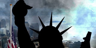 自由女神像对抗美国国旗和纽约