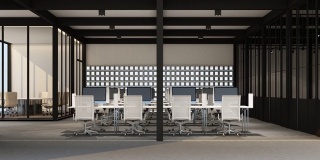 工作区域在现代办公室地毯地板在现代白色色调风格和会议室。室内3 d渲染