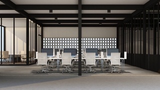 工作区域在现代办公室地毯地板在现代白色色调风格和会议室。室内3 d渲染视频素材模板下载
