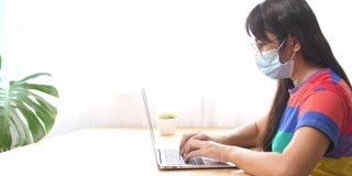 带口罩的亚洲商务女性在家庭办公室使用电脑，由于病毒危机在家里工作的商务人士