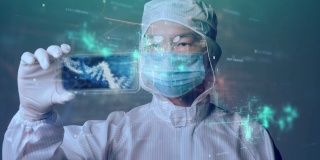 医学科学家医生疫苗研究病毒分析实验室用高科技人工智能移动医院医疗保健数字化未来展示。