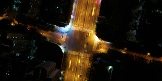 无人机在夜间拍摄十字路口的行人和交通情况