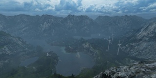 鸟瞰山村与湖泊和风力涡轮机