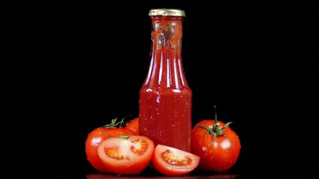 装有番茄酱的玻璃瓶滴落着水滴。