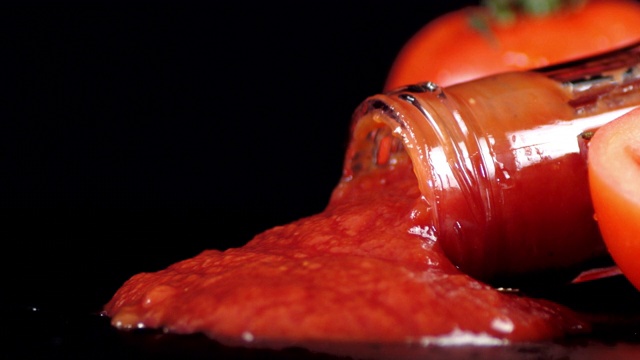 玻璃瓶里的番茄酱在桌上缓缓流淌。