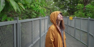 一名年轻美丽的亚洲女游客身穿黄色夹克，头顶兜帽，在雨中独自站在自然公园的森林小径上。户外生活方式和旅游度假概念。