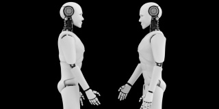 未来机器人握手，黑色背景的人工智能CGI