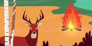 你好秋季动画与野生驯鹿和篝火森林场景