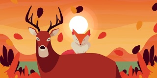 Hello秋季动画与野生驯鹿和狐狸的场景
