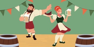 慕尼黑啤酒节庆祝动画与德国夫妇举起啤酒和花环的场景