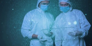 医学科学家医生疫苗研究病毒分析洁净室实验室用高科技技术人工智能医院医疗保健数字未来虚拟现实