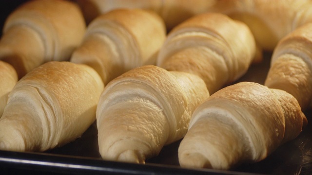 延时牛角面包是在烤箱里烤的。