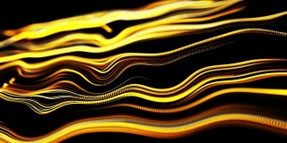 黄色的粒子流形成卷曲的辉光线或光条纹，如辉光轨迹，线形成漩涡模式，如卷曲噪音。抽象的3d循环作为明亮的创意节日背景