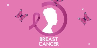 乳腺癌字体动画与女人的侧面和蝴蝶