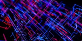 运动图形，科幻bg与流动的蓝色红色霓虹辉光线形成数字三维空间。连接的概念。可视化神经网络操作，多种分支的计算。4 k景深