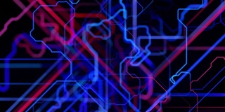 运动图形，科幻bg与流动的蓝色红色霓虹辉光线形成数字三维空间。连接的概念。可视化神经网络操作，多种分支的计算。4 k景深