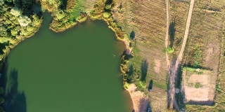 航拍的一个大湖与绿色的水。
