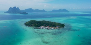 鸟瞰图美丽的岛屿背景与惊人的蓝色海洋和珊瑚礁作为旅游目的地位于森本那，沙巴州，马来西亚，婆罗洲。