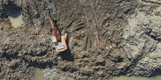 无人机鸟瞰图，推土机在水池周围挖掘泥土和泥土