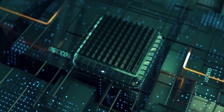 虚拟数据传输未来计算机技术CPU处理器上的数据库电路板。3D动画视频循环背景