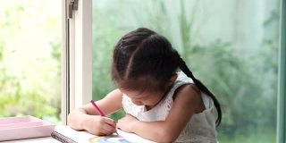 在冠状病毒隔离期间，快乐的亚洲儿童学生或女童使用绘彩铅笔，享受在白纸上写字的乐趣。待在家里，保持社交距离，保护冠状病毒肺炎封锁和学校关闭。