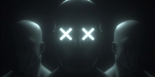 三个人的头和霓虹灯的眼睛，3d渲染。电脑生成的未来背景