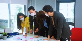 新常态的办公室生活方式亚洲商人和女商人戴着保护面罩社交距离头脑风暴会议一起纸图表和笔记本电脑一起团队成就概念股票视频