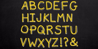 书写字母，黄色的英文拼写在黑板上。4 k动画。