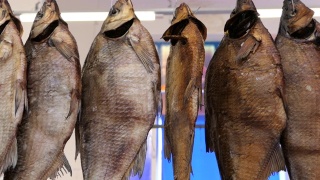 鱼海鲜传统街市场展示的鱼干。挪威传统鳕鱼户外晾晒。市场上挂的一排咸鱼干。视频素材模板下载