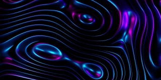 未来3D流体动画波形和圆形形状。紫外光谱，紫蓝色霓虹灯，全息梯度，抽象荧光背景，光学幻觉，虚拟现实。