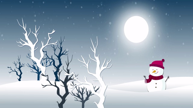 月亮下着雪，背景是雪人和树