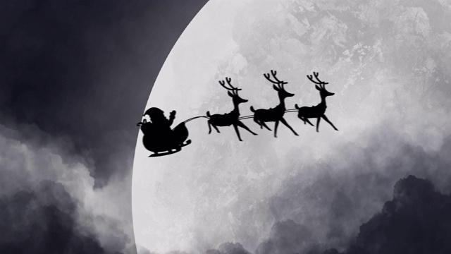 圣诞老人的剪影在驯鹿拉雪橇对月亮