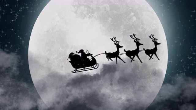 圣诞老人的剪影在驯鹿拉雪橇对月亮
