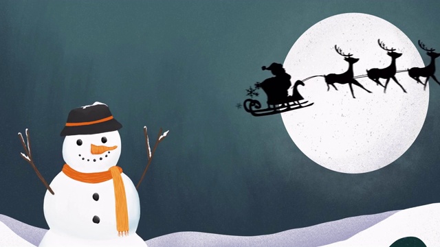 圣诞老人的剪影被驯鹿拉在雪橇上的月亮和雪人