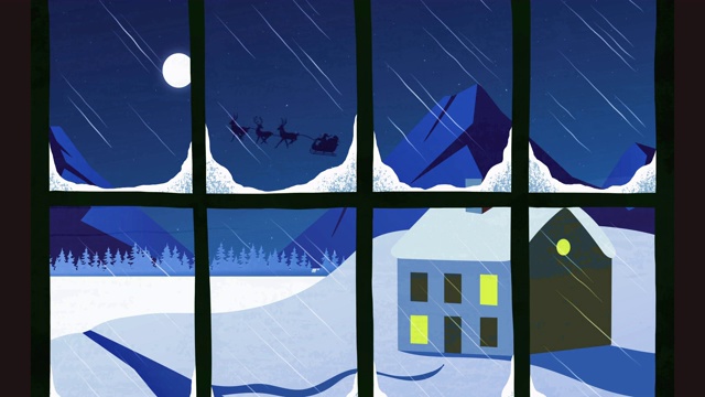 Window grill over silhouette of Santa Claus in sleigh being pulled by reindeers against moon