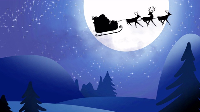圣诞老人在驯鹿拉雪橇的剪影在月亮和冬天的风景