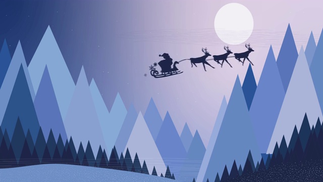 圣诞老人在驯鹿拉雪橇的剪影在月亮和冬天的风景