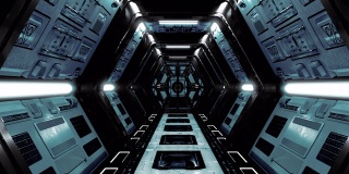 4k无缝环飞进入飞船隧道，科幻飞船走廊。未来技术抽象无缝VJ技术标题和背景。