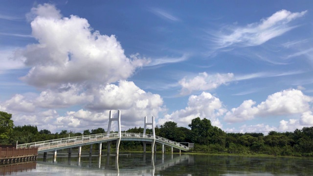 湛蓝的天空和湖上的桥，人们在夏天玩独木舟