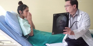 医生正在解释头部x光扫描图。病人感到震惊和悲伤。