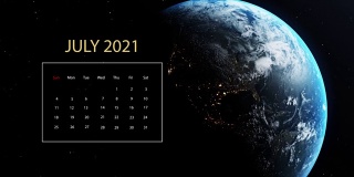 2021年7月地球上出现的日历，在外太空旋转，背景是黑色的星星