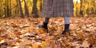 在秋天的森林里，一个女人沿着黄色的落叶走着。腿关闭。慢动作
