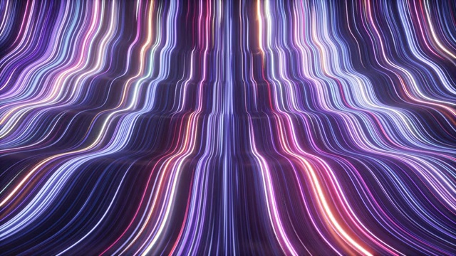 3d抽象霓虹背景，紫外线发光的波浪形线，激光，光速。无缝循环动画