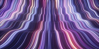 3d抽象霓虹背景，紫外线发光的波浪形线，激光，光速。无缝循环动画