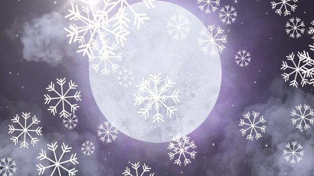 夜空中，雪花与月亮交相辉映